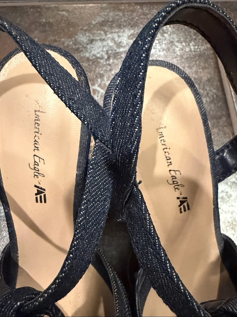 American Eagle Outfitters Navy Blue Woven T-Strap Wedge Sandals